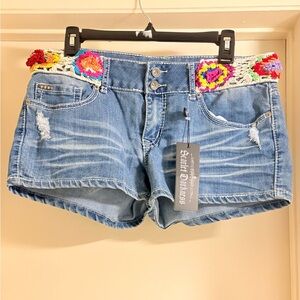 Dollhouse Blue Jean Shorts with Colorful Crochet Waistband